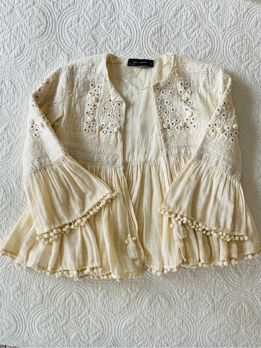 Zara Cream Boho Eyelet Pom-Pom Jacket